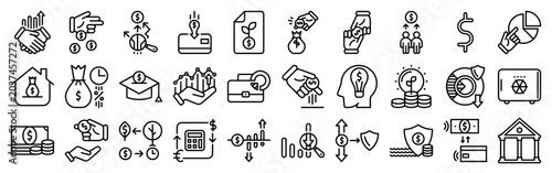 Strategic business investment and banking savings outline vector icon set with editable stroke