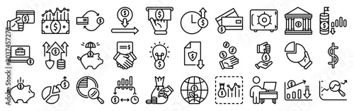 Personal finance banking and strategic investment outline vector icon set with editable stroke