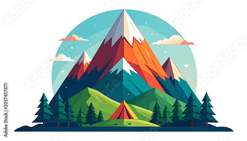 Pixel art mountain range with vibrant colors, a tent pitched in the valley, and evergreen trees, evoking a sense of adventure and nature.