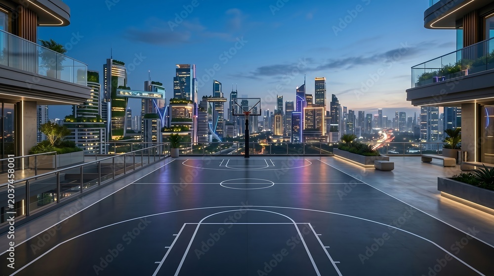 Fototapeta premium Luxury high-rise rooftop basketball court with stunning city skyline view at dusk