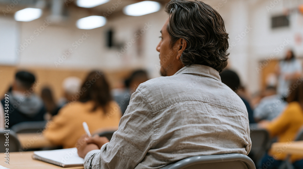 Fototapeta premium Multicultural group of single parents attends a weekend parenting support workshop in a community center with folding tables and institutional lighting, one father taking careful notes as a facilita
