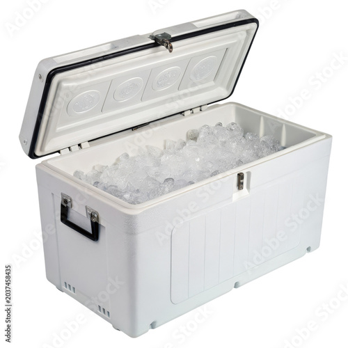 Ice box placed in paddock on white background showing contents like ice and space for storage