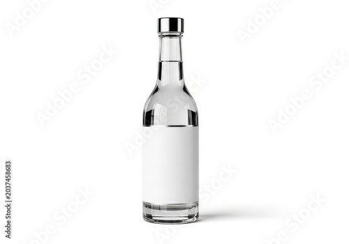 Elegant clear glass bottle with metal cap against plain background isolated on white background