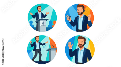 Photos Public speakers and motivational presenters on podiums.