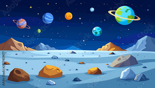 Pixel art of an alien planet landscape with planets in the sky, rocky ground, mountains, and a starry night.