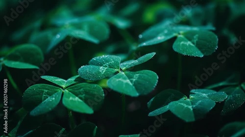 Close-up shot of lush green clover plants with three leaflets, covered in water droplets, against a dark background with a shallow depth of field.
