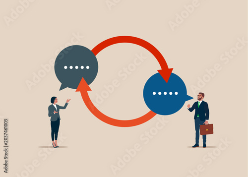 People talk or have lively discussion. Messaging or conversation. Art corporate communication between coworkers, manager and team. Flat vector illustration
