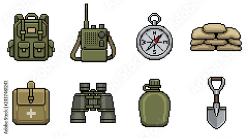 Illustrating a collection of pixelated military and survival gear icons on a white background, useful for game development assets