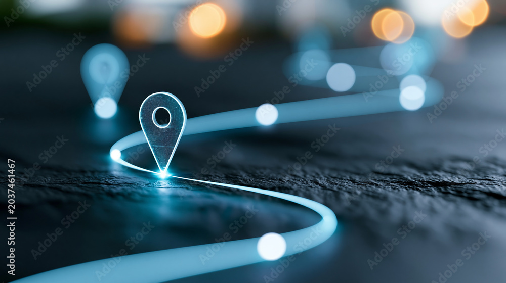Obraz premium Close-up of a digital business roadmap concept with a glowing path and strategic milestones, digital roadmap concept, glowing milestone photography, business strategy