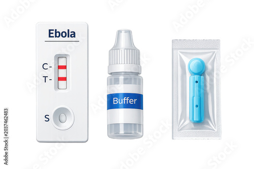Ebola Transparent Object Rapid Test Cassette and Buffer Bottle Flat Lay
