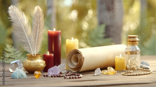 Spiritual Practice Setup with Candles Scroll and Crystals on Wooden Surface