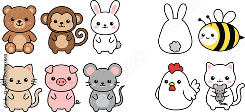 Canvas Print Cute cartoon animal illustrations with bear, monkey, rabbit, cat, pig, mouse, ch