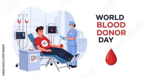 Vector illustration of a young man donating blood at a medical clinic for World Blood Donor Day with a nurse in scrubs, IV equipment, heart rate monitors, and large promotional text.