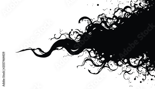 Ink splash features swirling black tendrils that extend across a plain white background to provide ample copy space for creative design projects requiring an organic or fluid aesthetic element.