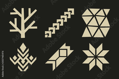 Minimalist geometric folk art icons and tribal symbols set on a dark background