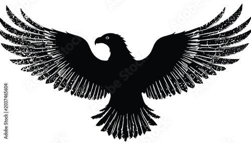 Eagle spreads its wide wings in a powerful soaring pose that represents strength and freedom while showcasing the majestic anatomy of this predatory bird in a detailed black and white graphic.