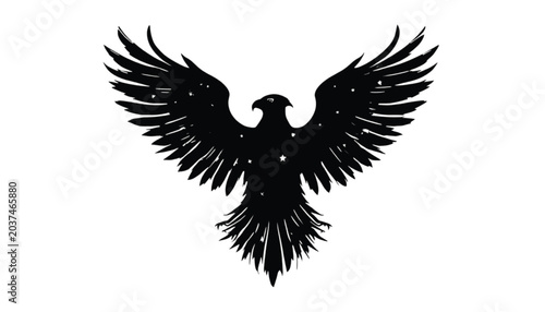 Eagle illustration with subtle star constellations embedded within its black silhouette offers a unique and artistic celestial interpretation of a classic avian symbol for modern graphic use.