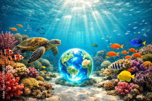 Earth underwater: vibrant coral reef scene with sea turtle, colorful fish and globe symbolizing ocean conservation