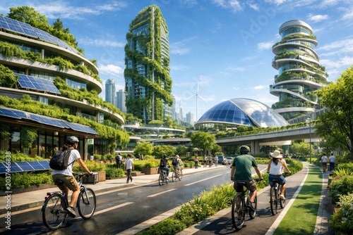 Cyclists riding through sustainable green city with vertical gardens, solar panels and futuristic eco architecture