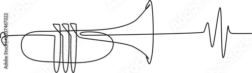 minimalist continuous line drawing of a trumpet with soundwave or audio waveform symbolizing music, line art vector illustration