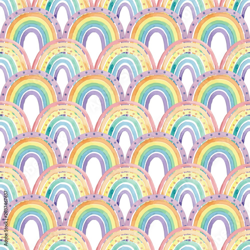 Rainbow scales seamless pattern with overlapping colorful arches, dots, geome...