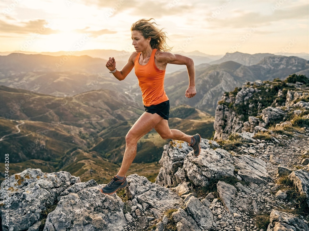 Naklejka premium Female athlete running uphill on rocky mountain trail during golden hour sunset