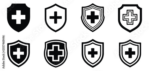 Tableau sur toile Medical shield with cross icon set for health protection and immunity