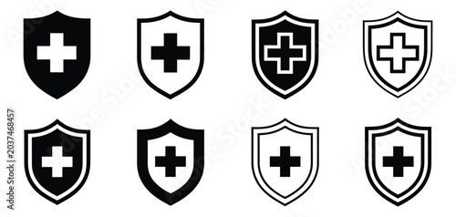 Schilderij op canvas Medical shield with cross icon set for health protection and immunity
