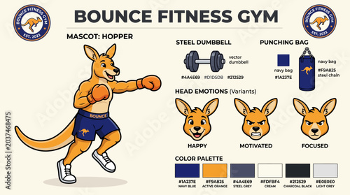 Cartoon kangaroo boxing in fitness gym attire.