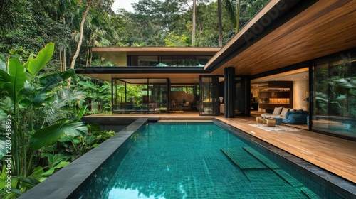 Modern villa with pool, surrounded by lush jungle greenery