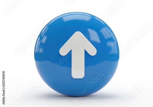 Blue circle with white upward arrow icon isolated on white background