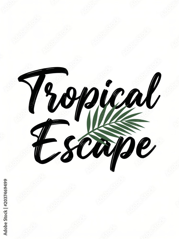 Fototapeta premium tropical escape text in black brush calligraphy with green palm leaf on white background. minimalist summer travel concept. poster, t-shirt print with copyspace.