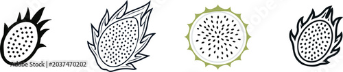 A minimalist botanical silhouette of a dragonfruit cross-section slice features a speckled seed matrix against a solid black background with clean sharp edges for automatic vector tracing