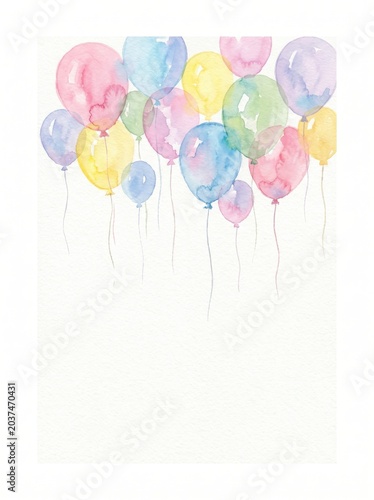 watercolor painting of pastel colored balloons floating on white background. happy birthday party and festive celebration concept. baby shower invitation, greeting card design with copyspace.