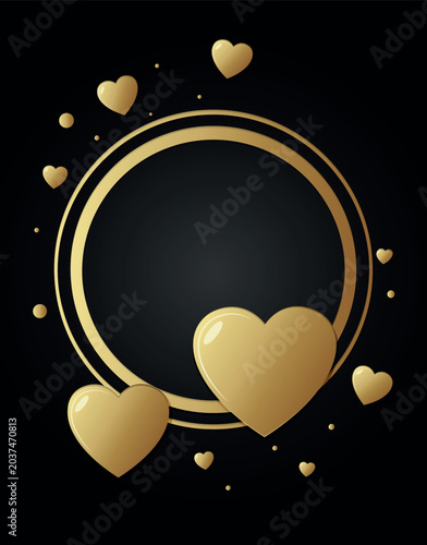 Golden hearts frame on black background