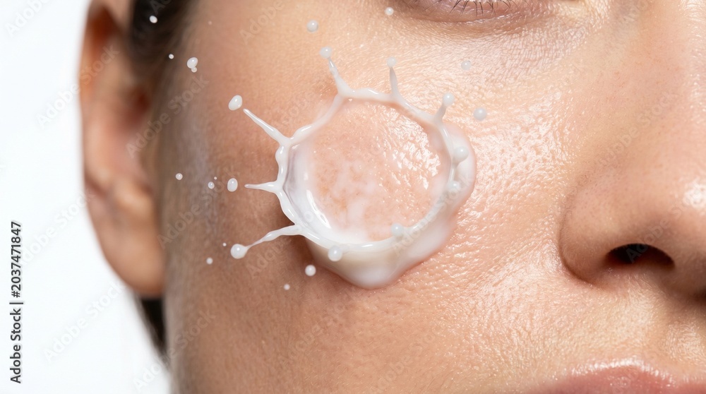 Fototapeta premium Close-up of a woman's face with a splash of white liquid, possibly lotion or cream, hitting her cheek.