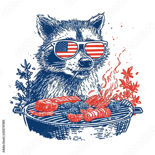Patriotic raccoon grilling barbecue with joy