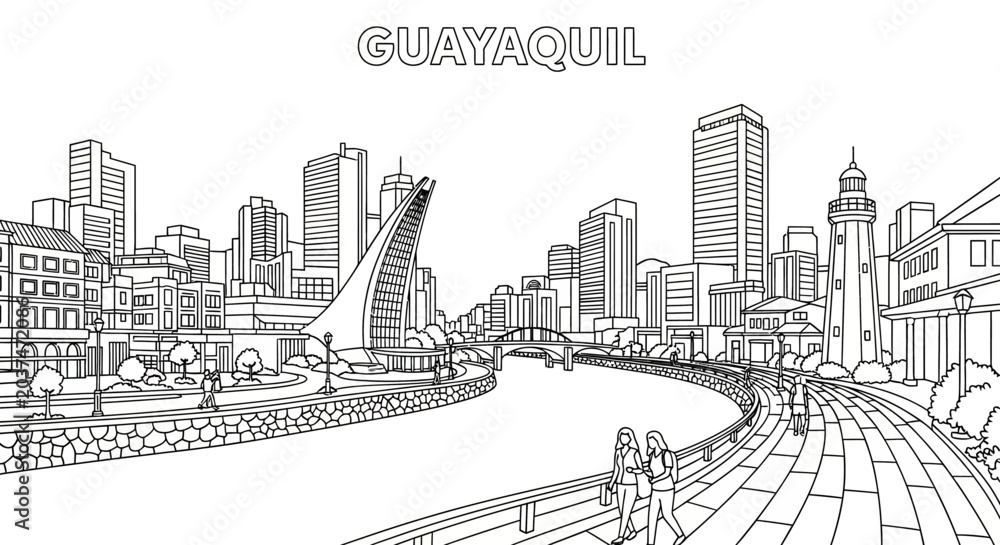 Obraz premium Detailed Black and White Line Art of Guayaquil Cityscape.