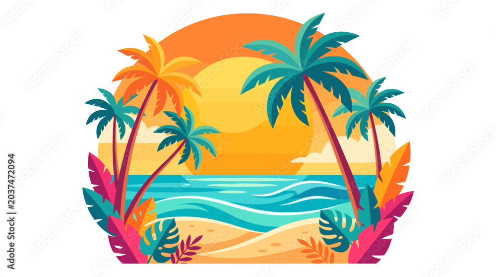 Fototapeta premium Vibrant tropical beach scene featuring colorful palm trees and golden sun in a flat vector illustration style perfect for summer travel and vacation marketing designs