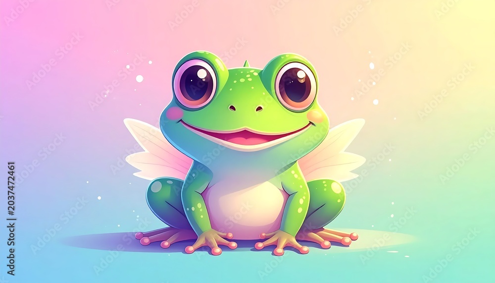 Fototapeta premium A smiling green frog with wings sits on colorful background