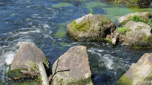 Clear river water flowing over mossy stones