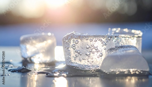 Foto Clear ice cubes melting in sunlight, showing air bubbles and water droplets