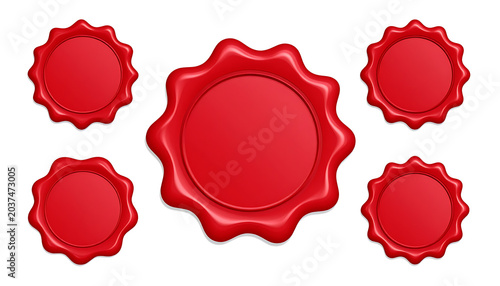 Set of five red wax seals, one large central seal and four smaller surrounding seals, isolated on white background