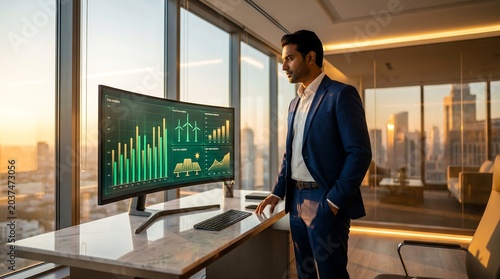 Businessman analyzing renewable energy data in modern office