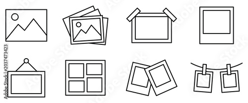 Foto Set of photo frame and gallery line icons including polaroid grid hanging and taped pictures with landscape views