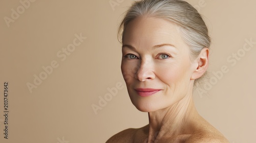 Confident mature woman with graceful gray hair and radiant smile against neutral background
