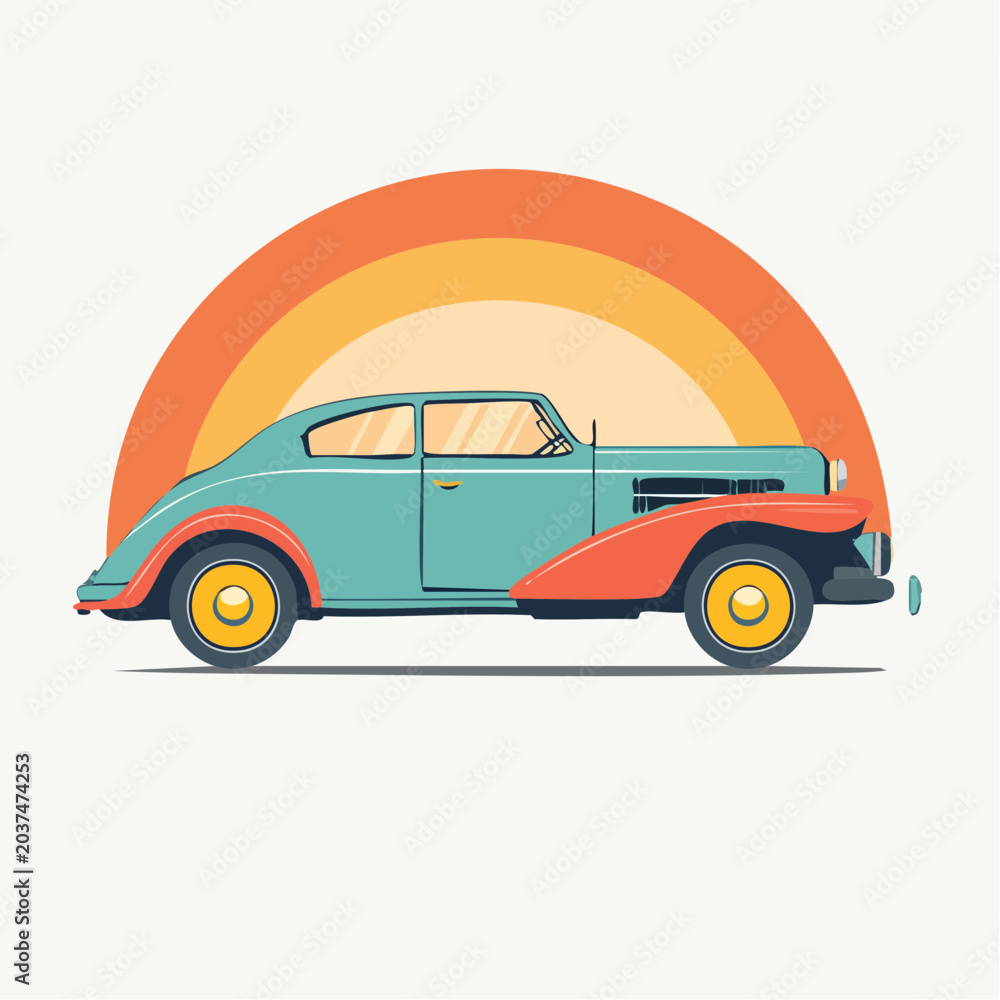 Obraz premium Vintage Car Illustration with Retro Rainbow Background