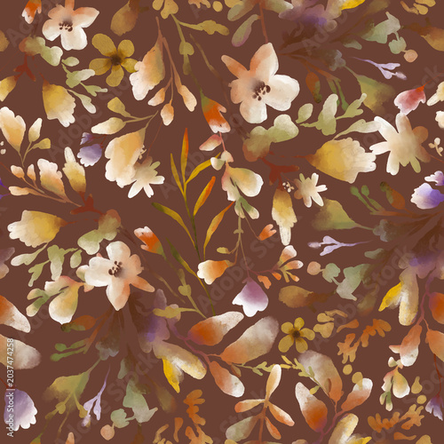 Autumn floral seamless pattern: soft abstract flowers and leaves, skillfully crafted digital illustration of abstract flowers, buds and leaves in watercolor style.
