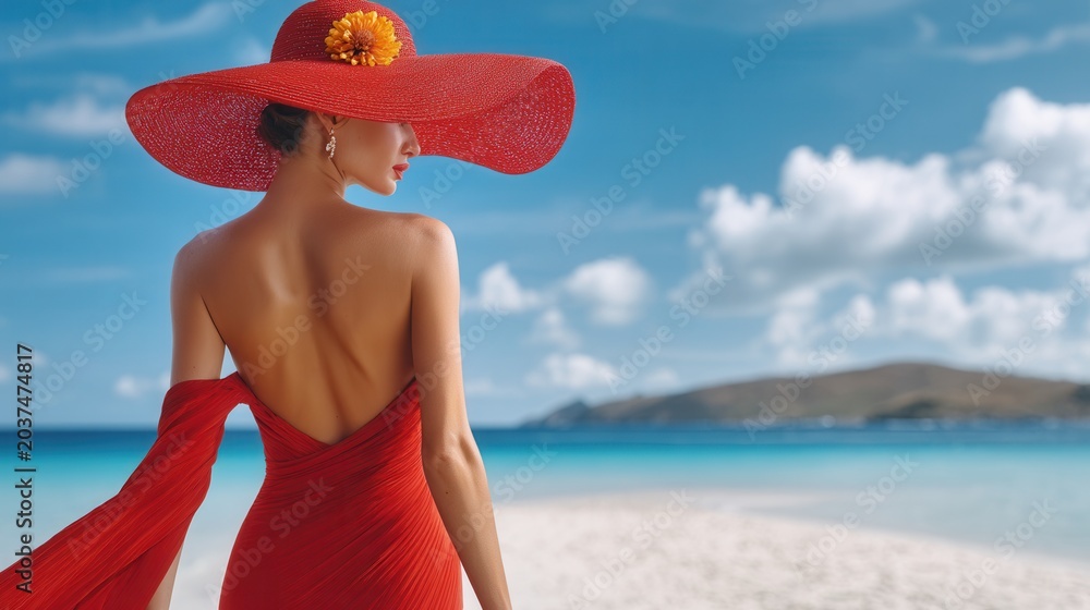 Fototapeta premium A woman in a red hat and dress stands on a beach with a turquoise sea and blue sky. An elegant summer look against the backdrop of a sandy shore and picturesque clouds.