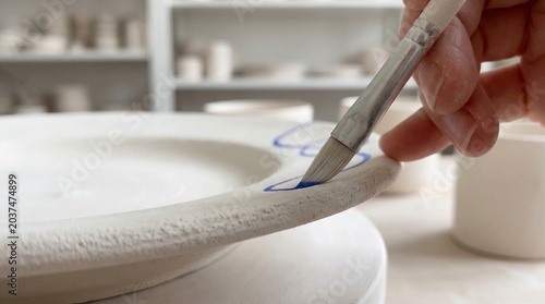 Close-up of an artisan hand painting a blue pattern on a white ceramic plate in a pottery studio